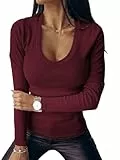 Imily Bela Damen Langarmshirt Sexy V Ausschnitt Oberteile Elegant Gerippt Sweatshirt Slim Fit Herbst Shirts, Burgunderrot, S