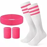Newofview Schweissband und Socken Set,80er 90er Jahre Gestreiftes Stirnband,Armband,Gestreifte Hohe Socken für Damen Herren Sport Laufen Radfahren Karneval Kostüme Party Rosenrot
