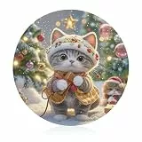 Schneidebrett aus gehärtetem Glas, rund, niedliche Katze, singend, Weihnachtslieder, Schneidebretter mit rutschfesten Gummifüßen, Küchenthekenschutz, kleines Schneidebrett für Brot, Obst, 20 x 20 cm