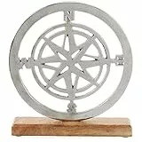 com-four® Premium Aufsteller Windrose - Deko Windrose aus Metall auf Mangoholz-Sockel - Maritime Metall-Windrose zum Hinstellen und Dekorieren (braun/silberfarben - Windrose)