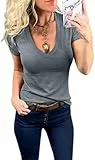 Fessceruna Damen T-Shirt V-Ausschnitt Sexy Kurzarm Shirt Sommer Basic Tee Tops Slim Fit Oberteil(Grau, XL)