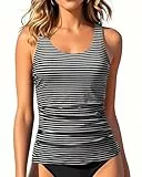 Aqua Eve Tankini-Top für Damen, Bauchkontrolle, Schlichter Badeanzug, Oberteil ohne Unterteil, Schwarzer Streifen, Large