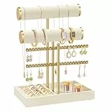 SONGMICS Armbandhalter Ständer, Schmuckständer, Schmuck-Organizer, mit 2 Etagen und Samttablett, Ohrring-Organizer, abnehmbarer Ringhalter, Cremeweiß und Blassgold JJS046W101