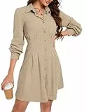 KOJOOIN Blusenkleid Damen Langarm Corduroy Hemdkleid A-Linien Tunika Kleid Minilänge Cordkleid mit Tasche und Knopfleiste Cremefarben M