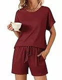 Ekouaer Shorty Pyjama Damen Rundhals Kurze Schlafanzüge für Damen mit Kordelzug und Taschen, Weinrot, L