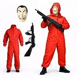 FASCHINFEVER Haus des Geldes Kostüm Set - 3 in 1 Set - mit Dali Maske, Overall rot Unisex, Gewehr Aufblasbar für Halloween, Fasching als Verkleidung für Herren & Damen (160-180cm)