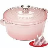 Overmont Bräter emaille Gusseisen Topf - Schmortopf 26cm backofengeeignet - mit Deckel und Kochbuch - für Küche Backen Schmoren Braten Rosa