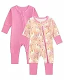 JiAmy Baby Schlafanzug 2er-Pack Neugeborene Baumwolle Langarm Zip Strampler mit Füßen Bekleidung für Baby Junge Mädchen 0-3 Monate Rosa