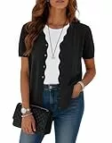 Yommay Strickjacke für Damen Elegant Einzigartig Welle Sommer Kurzarm Leicht Weich V-Ausschnitt Ladies Pullover Cardigan,Schwarz,L