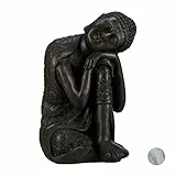 Relaxdays Buddha Figur geneigter Kopf, XL 60cm, Asia Gartenfigur, Dekofigur Wohnzimmer, frost- & wetterfest, dunkelgrau