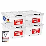 ATHLON TOOLS 4x 40 L Aufbewahrungsboxen mit Deckel, lebensmittelecht - Verschlussclips - 100% Neumaterial Plastik-Box transparent - Kleiderboxen stapelbar…