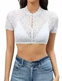 Zeagoo Dirndlbluse Damen Weiß 34 Spitze Stehkragen Kurzarm Dirndl Bluse Transparent zum Knöpfen Trachtenbluse Elegant Stretch für Oktoberfest Bierfest