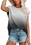 ANCAPELION Damen Casual T-Shirt Kurzarm Sommer Tops Lose Oberteile Rundhals Basic Bluse mit Tasche Farbverlauf Grau, XXL