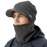 Comhats PolarWool™ Wintermütze Herren Winter-Set mit Wollgestrickter Schirmmütze und Fleece-Schal/Halswärmer für Herren und Damen - Warme gestrickte Schirmmütze 69311_Grau L/XL