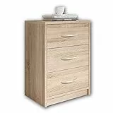 Stella Trading PEPE Nachttisch in Eiche Sonoma Optik - Schlichter Nachtschrank mit drei Schubladen passend zu jedem Bett & Schlafzimmer - 39 x 54 x 28 cm (B/H/T)