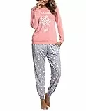 Bresdk Schlafanzug Damen Lang Winter Baumwolle Pyjama-Set mit Bündchen Rosa XXL