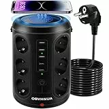 OBVHNUA 18 in 1 Steckdosenleiste Mehrfachsteckdose mit 12 Steckdosen und 5 USB (2 USB-C), Steckdosenturm mit 15 W kabellosem Laden, Verteilersteckdose mit 2 Schaltern, Überspannungsschutz, 2500 W/15 A