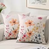 HomeStilez Blumen Kissenbezug 45x45 cm Kissenhülle Leinen Wasserdicht Outdoor Kissen Sofakissen Dekokissen Wilde Blumen Pflanze Kissenhülle 2er Set für Garten Sofa Schlafzimmer Outdoor