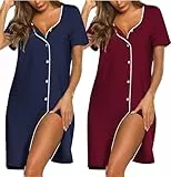 Ekouaer 2er Nachthemd Damen Schlafshirt Kurzarm mit Knopfleiste Kurz Nachtkleid Sommer Sleepshirt Baumwolle Stillnachthemd Damen Schwangere M