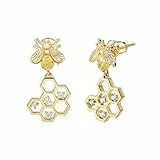 Emibele Ohrringe Damen, Vergoldetes Metall Ohrringe mit 925 Sterling Silber Nadeln, Kubik Zirkonia Messing Kleine Bienen & Honigwabe Ohrhänger für Damen Frauen Mädchen, Mode Schmuck - Champagner Gold