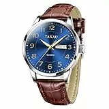 Taxau Armbanduhr Herren Leder Herrenarmbanduhren mit Licht Datum Herrenuhren Großes Ziffernblatt Blau wasserdichte Herrenuhr Lederband Analoge Armbanduhren für Herren Business