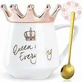 Arawat Queen of Everything Tasse mit Deckel, süße weiße Tasse mit Krone, Kaffeetassen, Geschenk mit Löffel und Untersetzer, 340 ml, Keramiktasse, Geburtstagsgeschenk für Frauen, Mädchen, Mutter