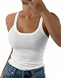 DUOEASE Spaghetti Top Damen Sommer Weiß 2025 Gerippt Rundhals Tank Top Basic Einfarbig Slim Fit Stretch Top-Weiß-S