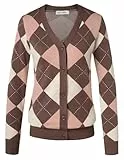 GRACE KARIN Damen-Strickjacke, langärmelig, Argyle-Pullover, V-Ausschnitt, Knopfleiste, Farbblock, adrette Kleidung, Pink Coffee, Mittel