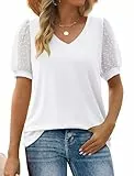 Aokosor Damen Sommer Tops V-Ausschnitt T-Shirt Schweizer Punkt Puffy Ärmel Shirts Weiß XL