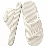 Misolin Hausschuhe Damen With Memory Foam Kordsamt Verstellbarer Klettverschluss Pantoffeln Bequeme Cord offene Zehen Slippers Indoor,Beige 255(EU37-38)