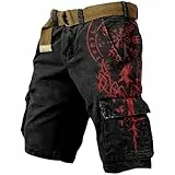 BIBOKAOKE Herren Cargohose Halloween 3D Gedruckt Bequem Sweatshort Wandershorts Stylisch Kurze Hose Mittelalterliches Nordischer Mythos Retro Viking Multitasche Cargo-Shorts Komfort Lässig Streetwear