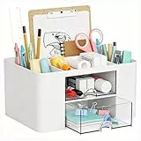 Marbrasse Schreibtisch Organizer mit Schubladen,Multifunktional Stiftehalter Schreibtisch mit 7 Fächer 2 Schubladen,Büro Organizer Zubehör(Weiß)