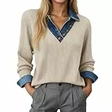 Duohropke Pullover für Damen mit Denim Kragen Übergröße Jeans Patchwork Nähte Strick Top Knopf Revers Hemden Farbblock Pullover Sweatshirts Büroarbeitshemden Strickshirt Poloshirt Bluse