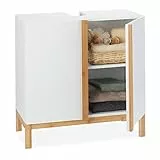 Relaxdays Waschbeckenunterschrank, 2 Fächer, Badschrank MDF & Bambus, Waschbeckenschrank HBT 60,5x60x30,5cm, Weiß/Natur