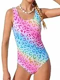 JiAmy Badeanzug Mädchen Einteiler Farbverlauf Leopardenmuster Ärmellos Kinder Sommer Schwimmanzug Bademode Badeanzüge für 10-11 Jahre (Etikett:140), Rosa