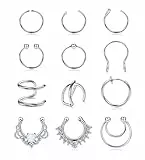 Kakonia 12 Stück 20G Fake Nasenpiercing für Frauen Männer Edelstahl Fake Nose Ring Septum Non Pierced Nasen Septum Ring Knorpel Manschette Nicht Piercing Ohrringe