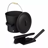 Relaxdays Ascheeimer mit Deckel und Kehrset, 7,5 L, inkl. Aschebesen & Kaminschaufel, Aschebehälter mit Henkel, schwarz