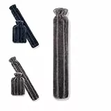 Brevian Wärmflasche, 2 Liter, superweiches Plüschfell, hervorragende Qualität, einfacher Klettverschluss, Premium-Naturkautschuk, auslaufsicherer Schraubverschluss (dunkelgrau, lang)