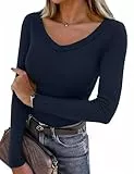 Aottori Damen Langarmshirt Elegant Oberteile Langarm Slim Fit Pullover Baumwolle mit V Ausschnitt Stretch T-Shirt Sexy Casual Basic Top Dunkelblau M