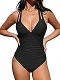 CUPSHE Damen Badeanzug V Ausschnitt Bauchweg Raffungen Tiefer Rückenausschnitt Crossback Einteilige Bademode Swimsuit Schwarz M