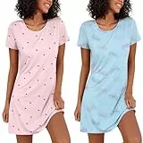 Ekouaer Nachthemd Damen Kurzarm Zweiteiler Elegant Schlafshirt Kurzarm Sleepshirt Leicht 2er Pack, Herz+Schmetterling, L