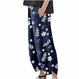 SMIDOW Caprihose für Damen, Baumwolle, Leinen, weites Bein, Caprihose, lässiger Sommer, kurze Hose, Strand, elastische Taille, bauchige Crop-Hose, #011 Blau, 4X-Groß