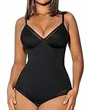 FeelinGirl Shapewear Damen Bauchweg Bodysuit Figurformende Slip mit Hakenverschluss im Schritt Miederbody mit Netzeinsätzen Schwarz 3XL