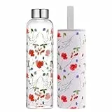 Autsel 1 liter Glasflasche Trinkflasche Glas Sport Borosilikat Glass Bottle Wasser Flasche mit Neopren-Hülle mit Auslaufsichere Abdeckung