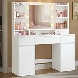 VASAGLE Kailyn Kollektion - Schminktisch mit Spiegel und LED-Leuchten, Steckdosenleiste, 2 Schränke, 9 dimmbare Glühbirnen, 3 Lichtfarben, werkzeuglose Gleitschienen, wolkenweiß RDT142WB02