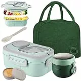 Brotdose Set 1200+600ml, Spülmaschinen & Mikrowellengeeignet Lunchbox mit Fächern, Joghurt und Müslibecher to Go, Bento Box mit Soßenbehälter & Besteck - Lunchpot mit Isolierter Tragetasche (Grün)