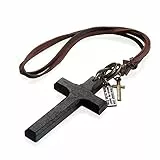 Flongo Damen Halskette Kette Männer Anhänger, Anhänger Leder Halskette mit Rosenkranz Bibel Gravur Kreuz aus Holz Schwarz Braun Jahrgang Damen Herren-Accessoires