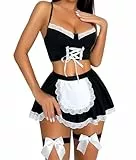 RSLOVE Damen Dessous Sets Kostüm - Sexy Maid Outfit Unterwäsche Negligee Kleid für Cosplay Schwarz L
