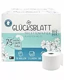 Glücksblatt Toilettenpapier Box, 3-lagig, 75 Rollen x 180 Blatt, 100% Zellstoff, Großpackung, superweiches Klopapier, WC Papier, wiederverwendbarer Vorratskarton