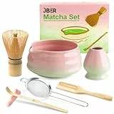 JBER Matcha Set, Matcha Besen Set 7-Teiliges - Bambus Matcha Besen (Chasen), Keramik Matcha Schale und Besenhalter, Sieb, Matcha Löffel und Halter, Japanisches Matchabesen Set -Pink Grün
